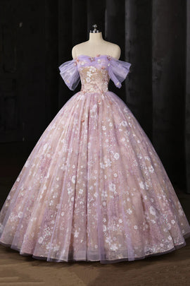 Light Purple Floral Tulle Prom Dress with Lace, A-line Off Shoulder Evening Dress Formal Dress