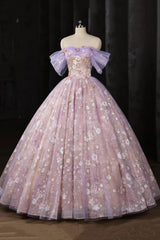 Light Purple Floral Tulle Prom Dress with Lace, A-line Off Shoulder Evening Dress Formal Dress