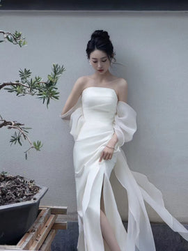 Elegant White Strapless Prom Dress, High Slit Fairy Wedding Guest Gown Maxi Dress