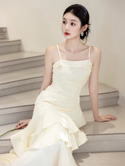Lovely Light Champagne Satin Straps Prom Dress, A-line Scoop Layers Party Dress