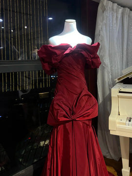 Burgundy Off Shoulder Taffeta Prom Gown ,Vintage Ruffle Mermaid Gown with Bow