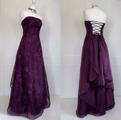 Gothic Purple Strapless A-Line Formal Gown, Floral Lace Long Prom Dress Party Dress