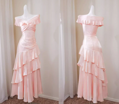 Elegant Pink Off-the-Shoulder Satin Evening Gown，Tiered Ruffle Prom Dress