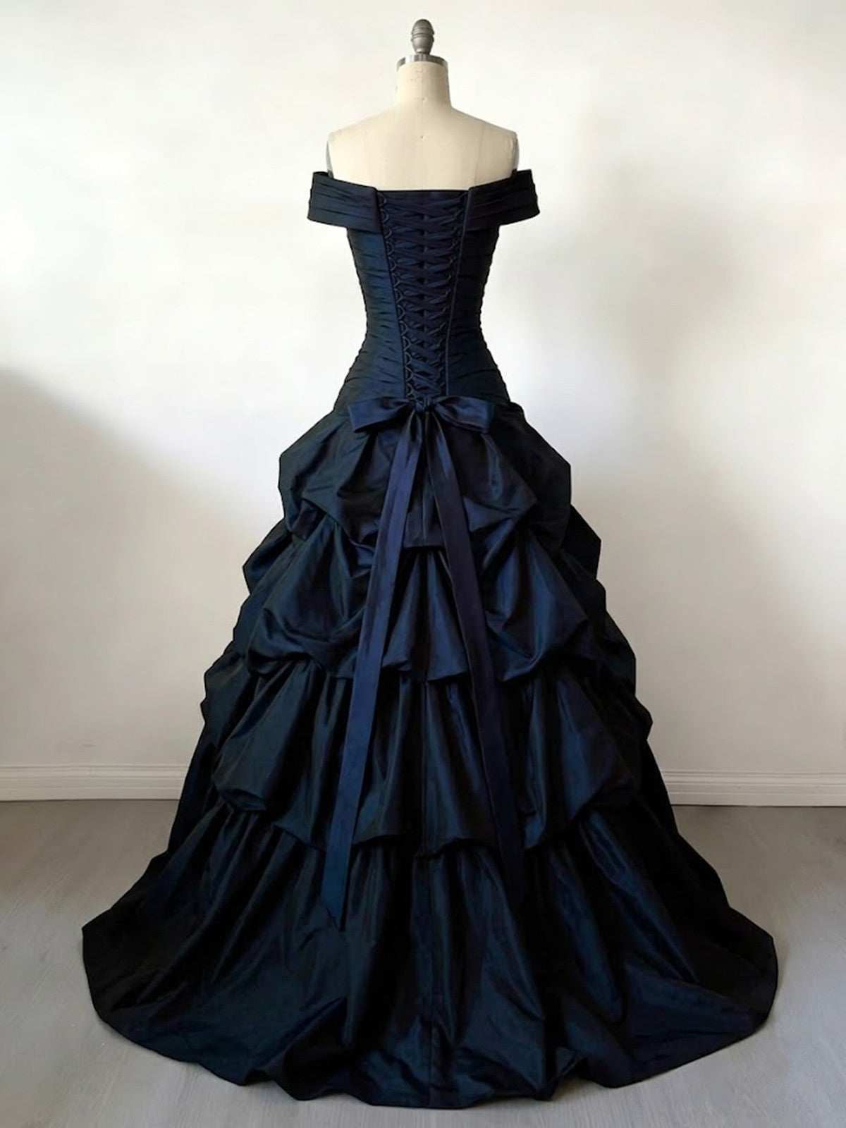 Navy Blue Sweetheart Off Shoulder Tiered Prom Dress, Navy Blue Gothic Formal Dress