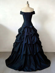Navy Blue Sweetheart Off Shoulder Tiered Prom Dress, Navy Blue Gothic Formal Dress