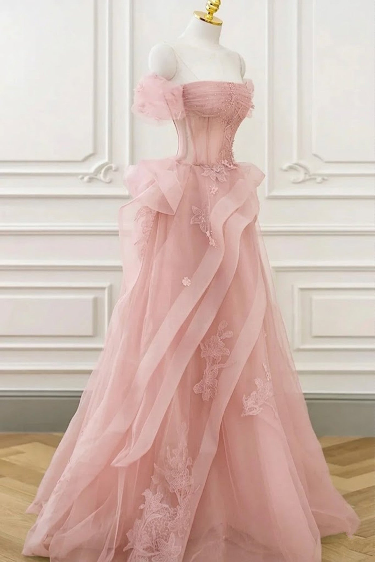 Pink Lovely Off Shoulder Floor Length Prom Dress, Sweetheart Tulle wit – Cutedressy