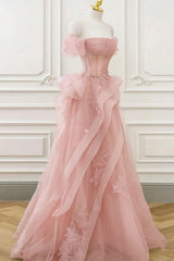 Pink Lovely Off Shoulder Floor Length Prom Dress, Sweetheart Tulle with Lace Long Formal Dress