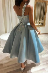 Blue Satin Tea Length Party Dress with Lace Applique, Blue Formal Dress Homecoming Dress