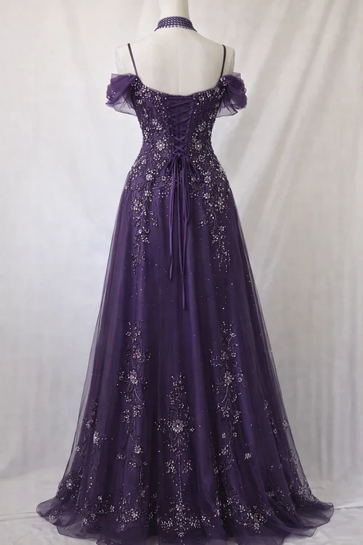 A-line Purple Tulle Beaded Straps Long Formal Dress, Gothic Purple Prom Dress Party Dress