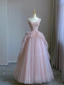 Pink Flowers Tulle with Lace Applique Straps Prom Dress, Pink Tulle Low Back Party Dress