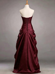 Burgundy Strapless A-line Long Evening Dress with Black Tulle, Burgundy Satin Prom Dress