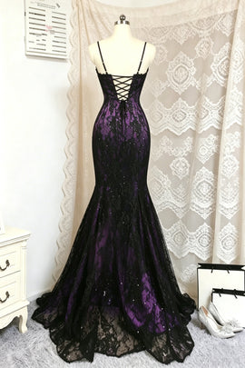 Charming Glam Purple and Black Lace Mermaid Prom Dress, Black and Purple Formal Dress with Spaghetti Straps