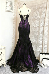 Charming Glam Purple and Black Lace Mermaid Prom Dress, Black and Purple Formal Dress with Spaghetti Straps
