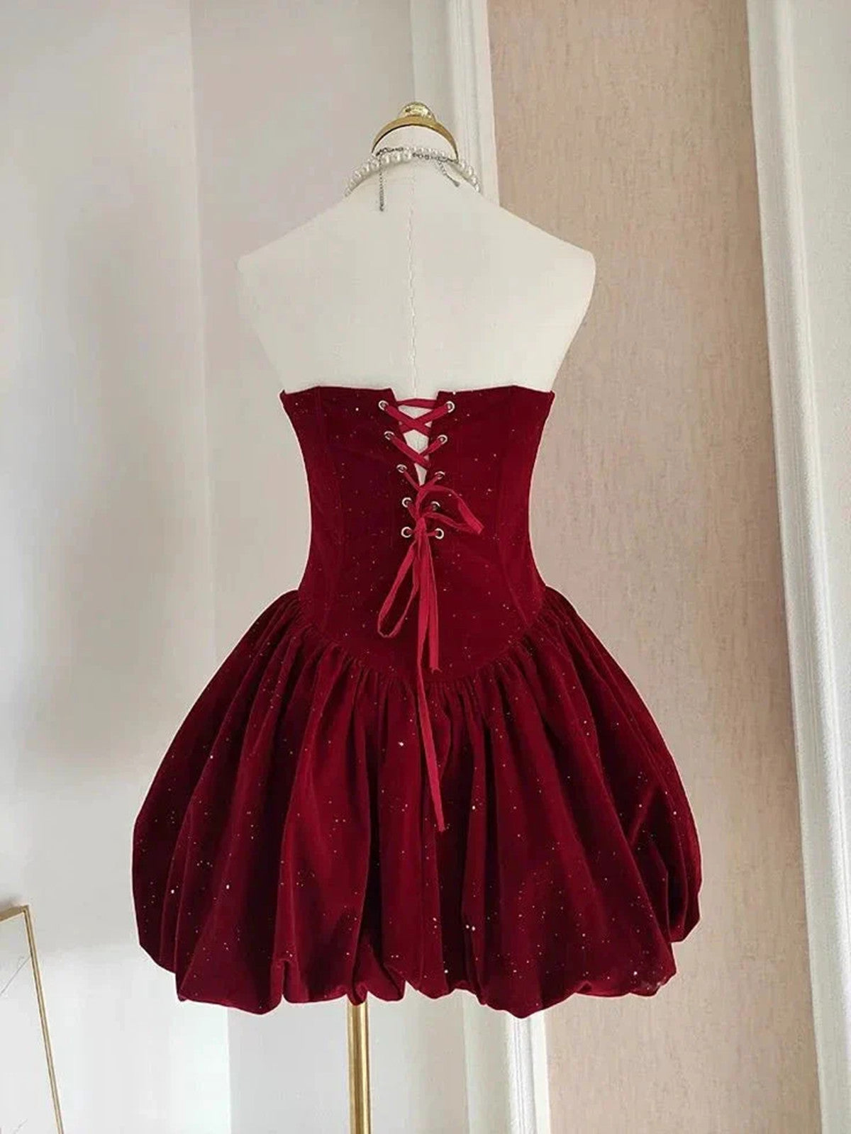 Wine Red Velvet Short Homecoming Dress, A-Line Strapless Wine Red Short Party Dress