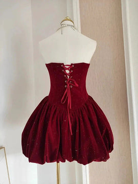 Wine Red Velvet Short Homecoming Dress, A-Line Strapless Wine Red Short Party Dress