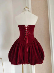 Wine Red Velvet Short Homecoming Dress, A-Line Strapless Wine Red Short Party Dress