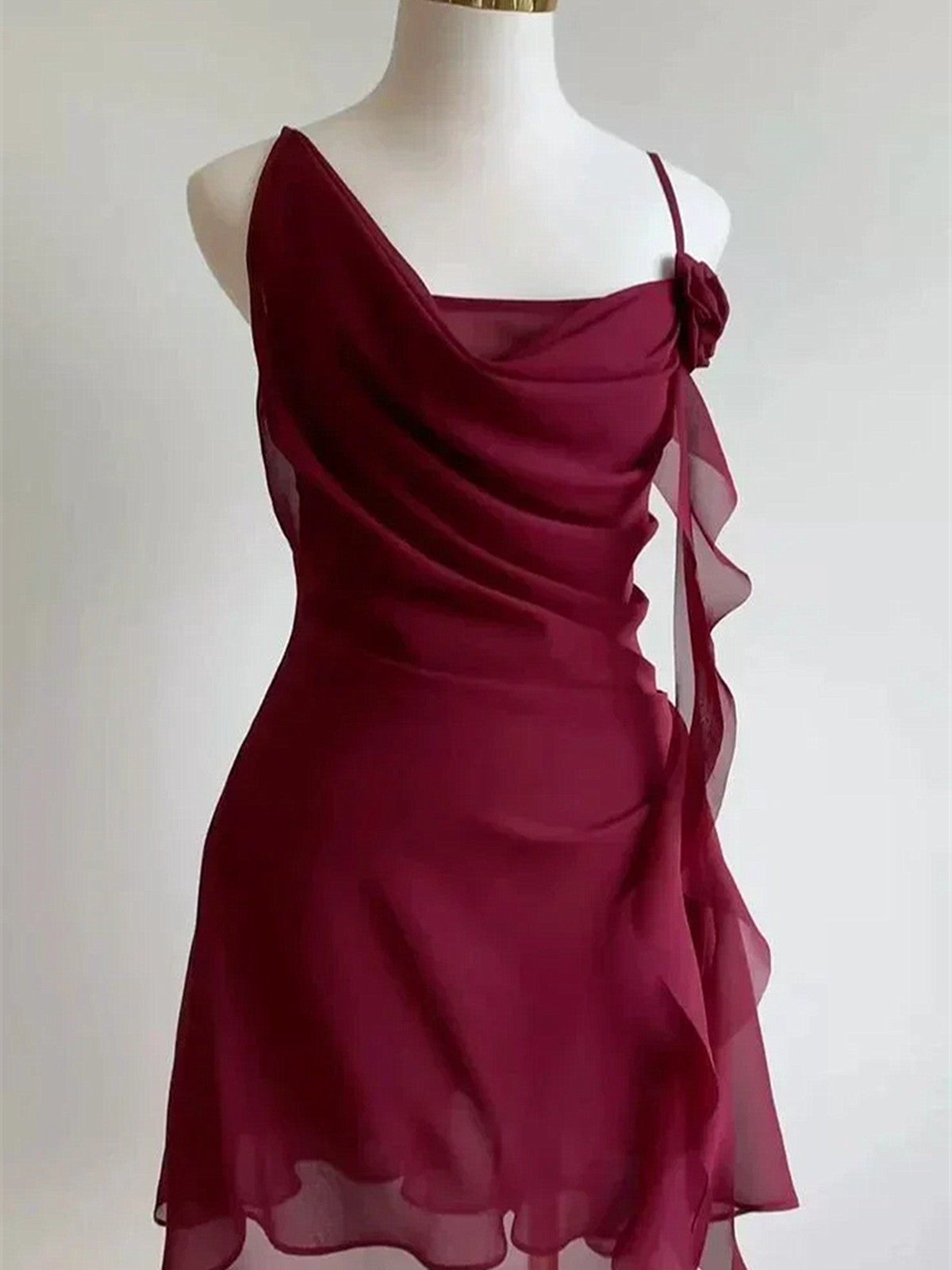 Cute Wine Red Chiffon Short Party Dress Homecoming Dress, Wine Red Backless Short Prom Dress
