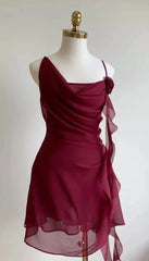 Cute Wine Red Chiffon Short Party Dress Homecoming Dress, Wine Red Backless Short Prom Dress