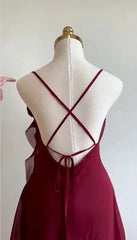 Cute Wine Red Chiffon Short Party Dress Homecoming Dress, Wine Red Backless Short Prom Dress