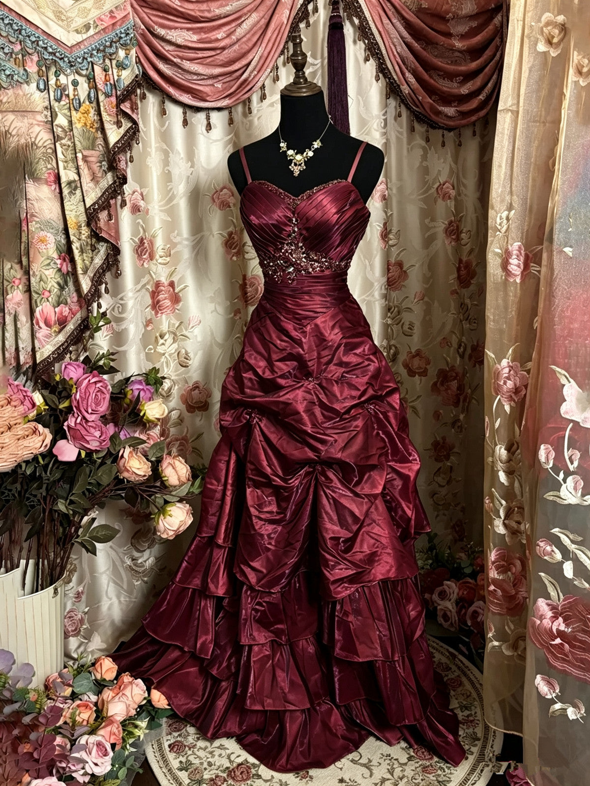 Wine Red Beaded Spaghetti Strap Evening Gown, Vintage Beaded Ruched Tiered Prom Ball Gown Dress