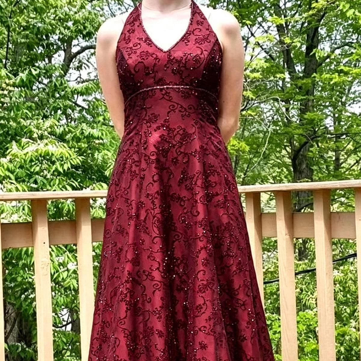 Wine Red Lace Halter Low Back A-line Long Formal Dress, Wine Red Lace Beaded Prom Dress