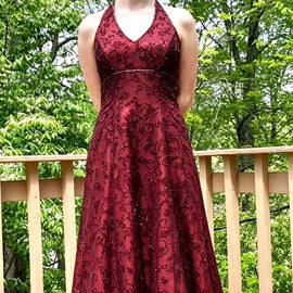 Wine Red Lace Halter Low Back A-line Long Formal Dress, Wine Red Lace Beaded Prom Dress