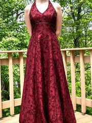 Wine Red Lace Halter Low Back A-line Long Formal Dress, Wine Red Lace Beaded Prom Dress