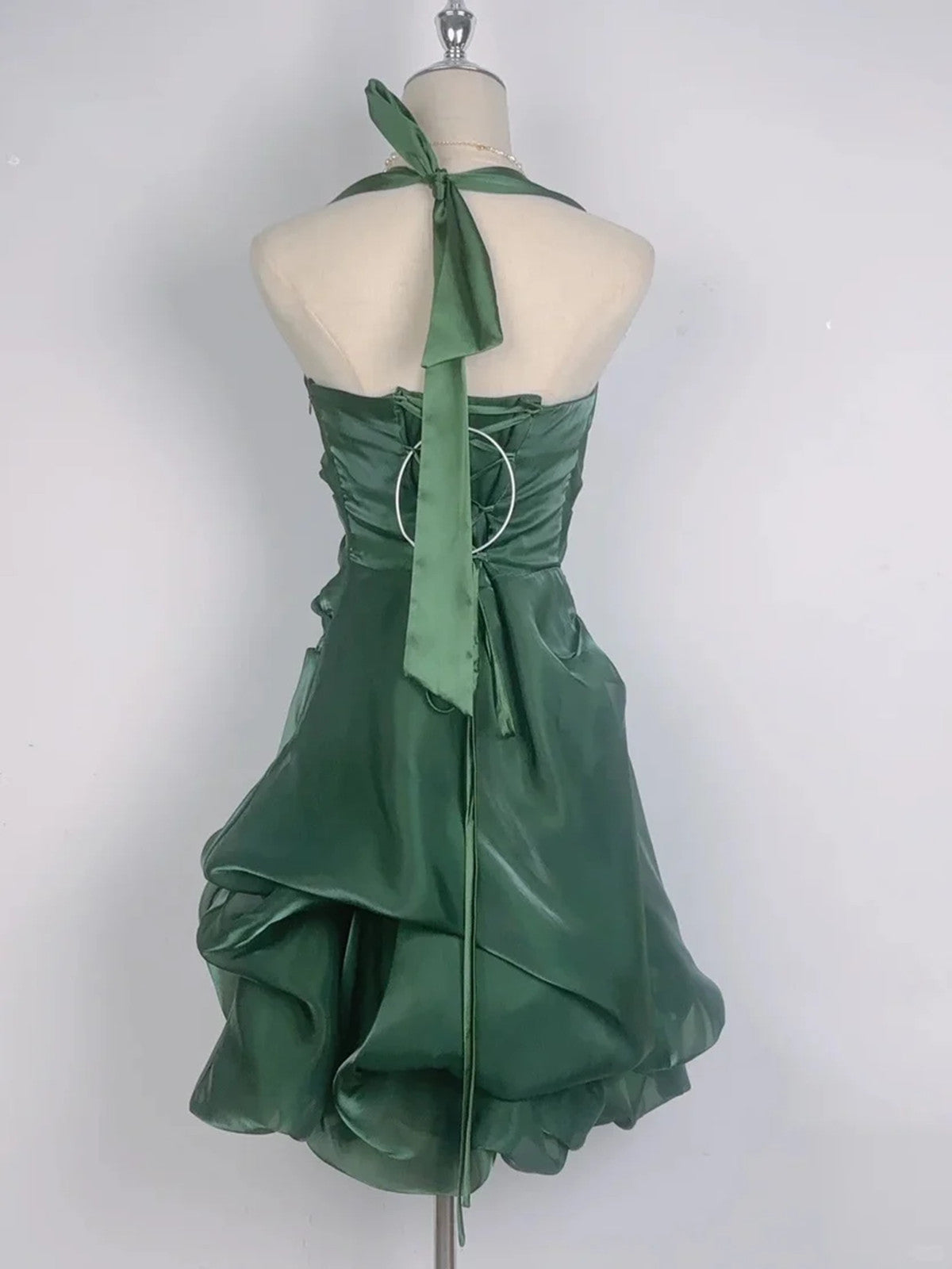 Elegant Green Halter Cocktail Dress Formal, Square Neck Short Short Party Dress
