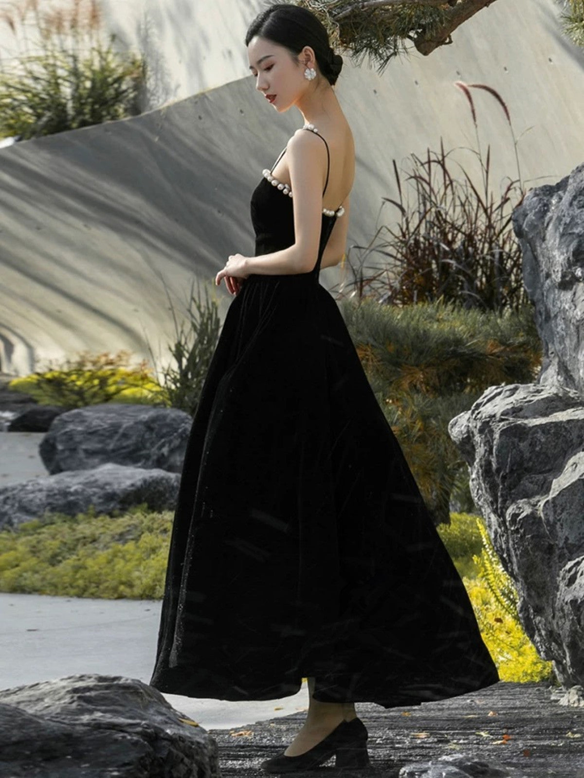 Black Tea Length Velvet Straps Lace-up Formal Dress, Black Velvet Party Dress Black Tea Length Velvet Straps Lace-up Formal Dress, Black Velvet Party Dress