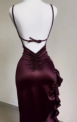 Charming Wine Red Satin Ruched Party Dress with High Slit Ruffle, Sexy Backless Satin Long Prom Dress