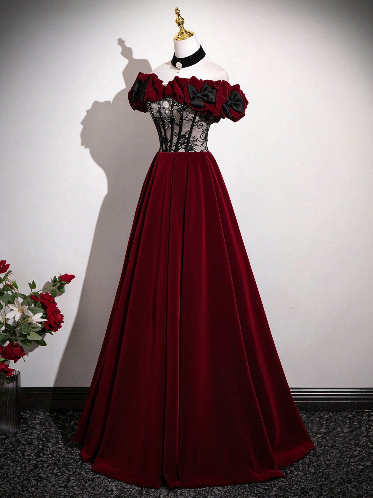 A-line Black and Red Velvet Off Shoulder Prom Dress, Long Party Dress Evening Dress