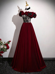 A-line Black and Red Velvet Off Shoulder Prom Dress, Long Party Dress Evening Dress