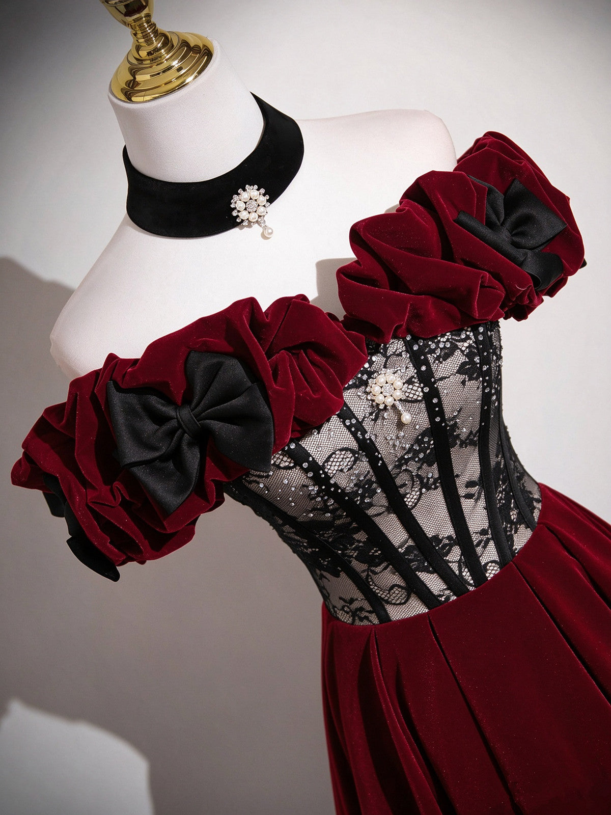 A-line Black and Red Velvet Off Shoulder Prom Dress, Long Party Dress Evening Dress
