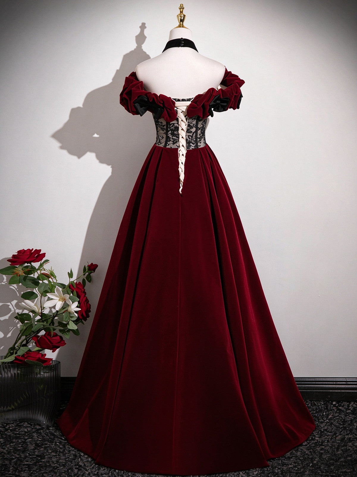 A-line Black and Red Velvet Off Shoulder Prom Dress, Long Party Dress Evening Dress