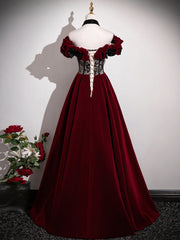 A-line Black and Red Velvet Off Shoulder Prom Dress, Long Party Dress Evening Dress