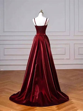 Wine Red Straps Sweetheart Satin Long Formal Dress, Wine Red Prom Dress Evening Dress