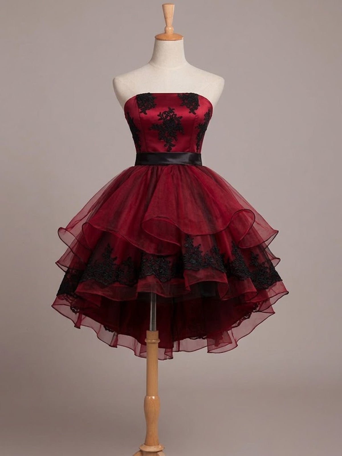 Elegant Strapless High Low Wine Red Party Dress, Gothic Short Prom Dress Formal Dress