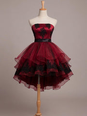Elegant Strapless High Low Wine Red Party Dress, Gothic Short Prom Dress Formal Dress