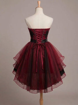 Elegant Strapless High Low Wine Red Party Dress, Gothic Short Prom Dress Formal Dress
