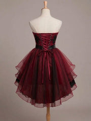 Elegant Strapless High Low Wine Red Party Dress, Gothic Short Prom Dress Formal Dress