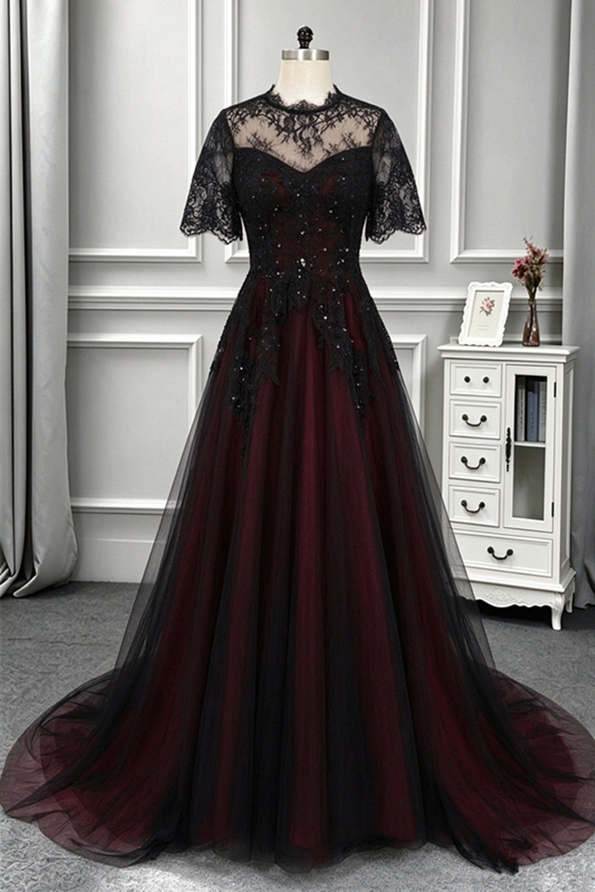 Gothic Black and Wine Red Tulle with Lace Long Prom Dress, A-line High Neckline Long Wedding Party Dress