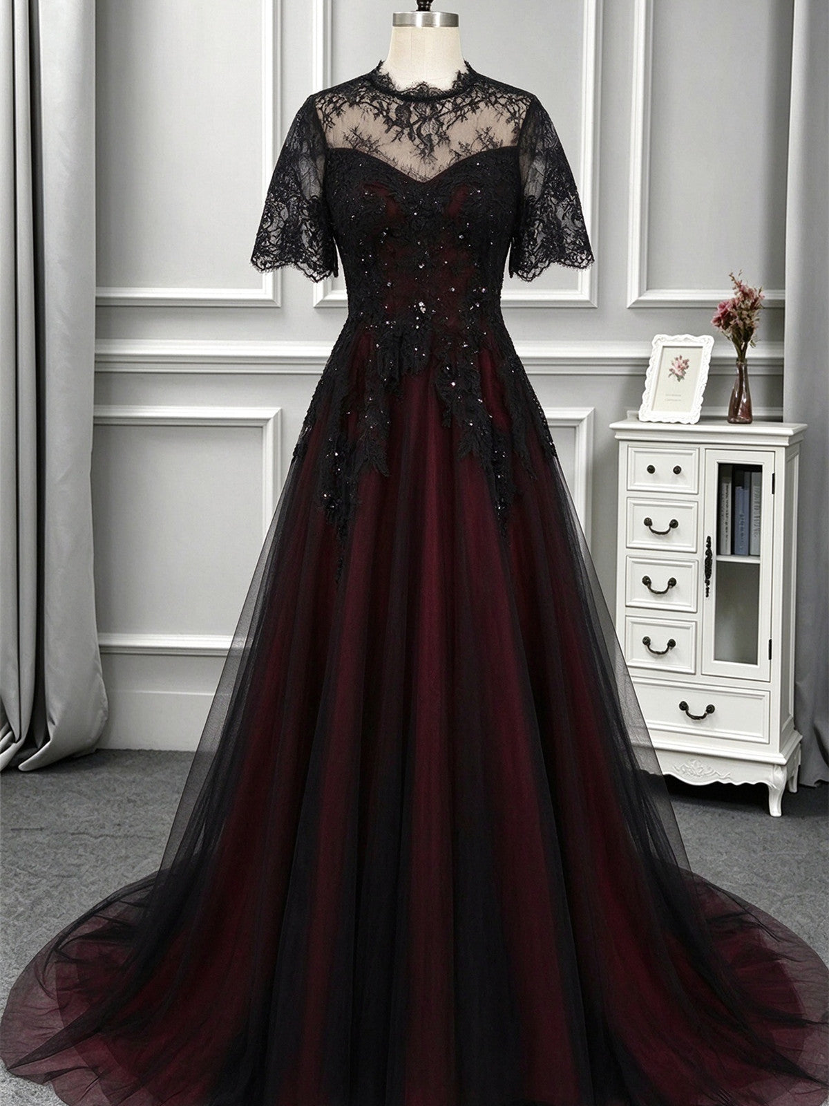 Gothic Black and Wine Red Tulle with Lace Long Prom Dress, A-line High Neckline Long Wedding Party Dress
