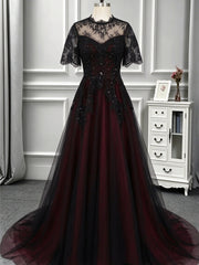 Gothic Black and Wine Red Tulle with Lace Long Prom Dress, A-line High Neckline Long Wedding Party Dress