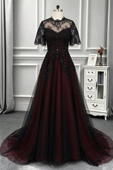 Gothic Black and Wine Red Tulle with Lace Long Prom Dress, A-line High Neckline Long Wedding Party Dress