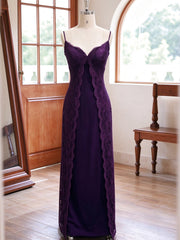 Purple Lace Spaghetti Strap Backless Maxi Prom Dress, A-line Purple Long EVening Dress