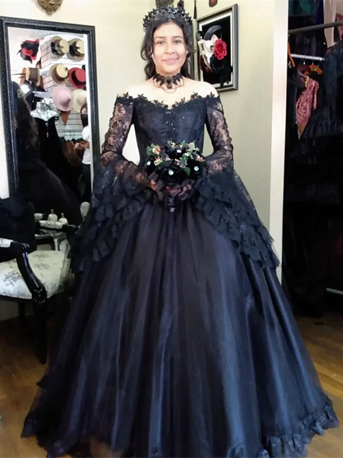 Black Lace and Tulle Long Sleeves Ball Gown Formal Dress, Black Lace Floor Length Prom Dress