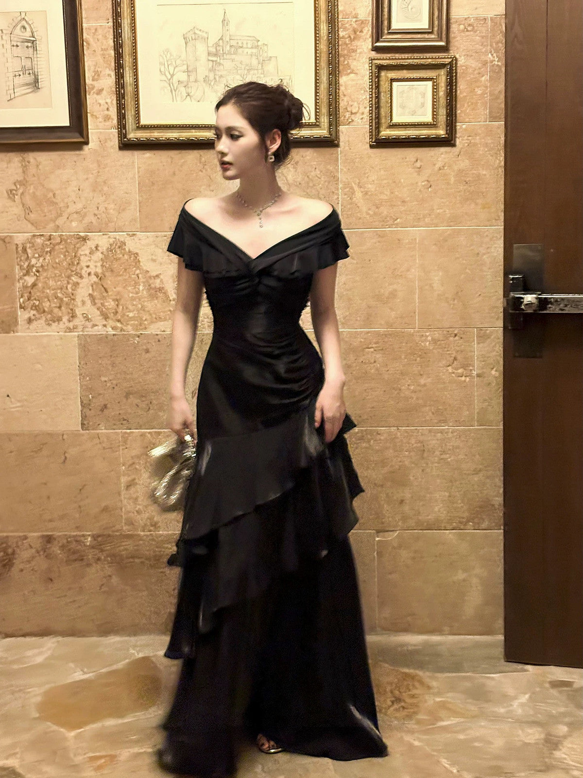 Black Satin Off Shoulder Mermaid Layers Prom Dress, Black Satin Floor Length Party Dress