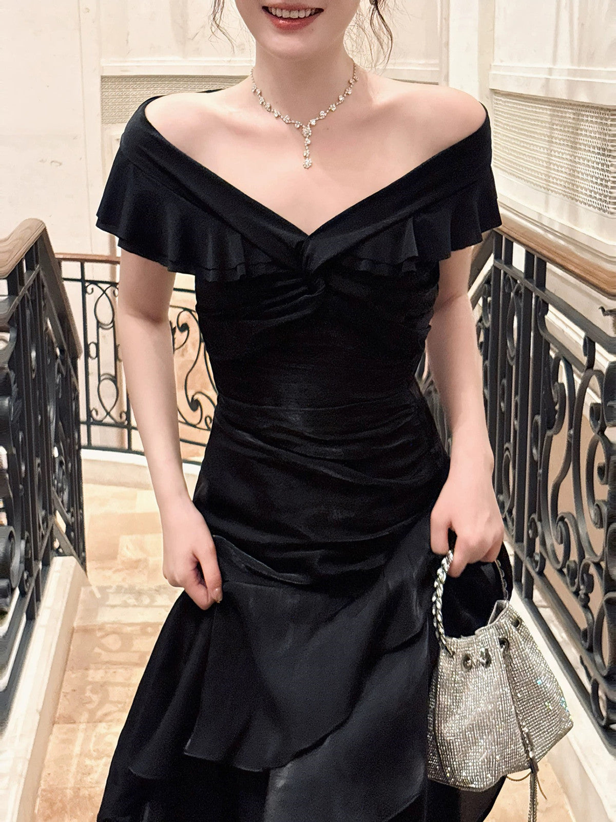 Black Satin Off Shoulder Mermaid Layers Prom Dress, Black Satin Floor Length Party Dress