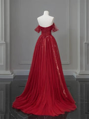 Red Sweetheart Tulle Off Shoulder Party Dress, Red A-line Tulle Long Prom Dress
