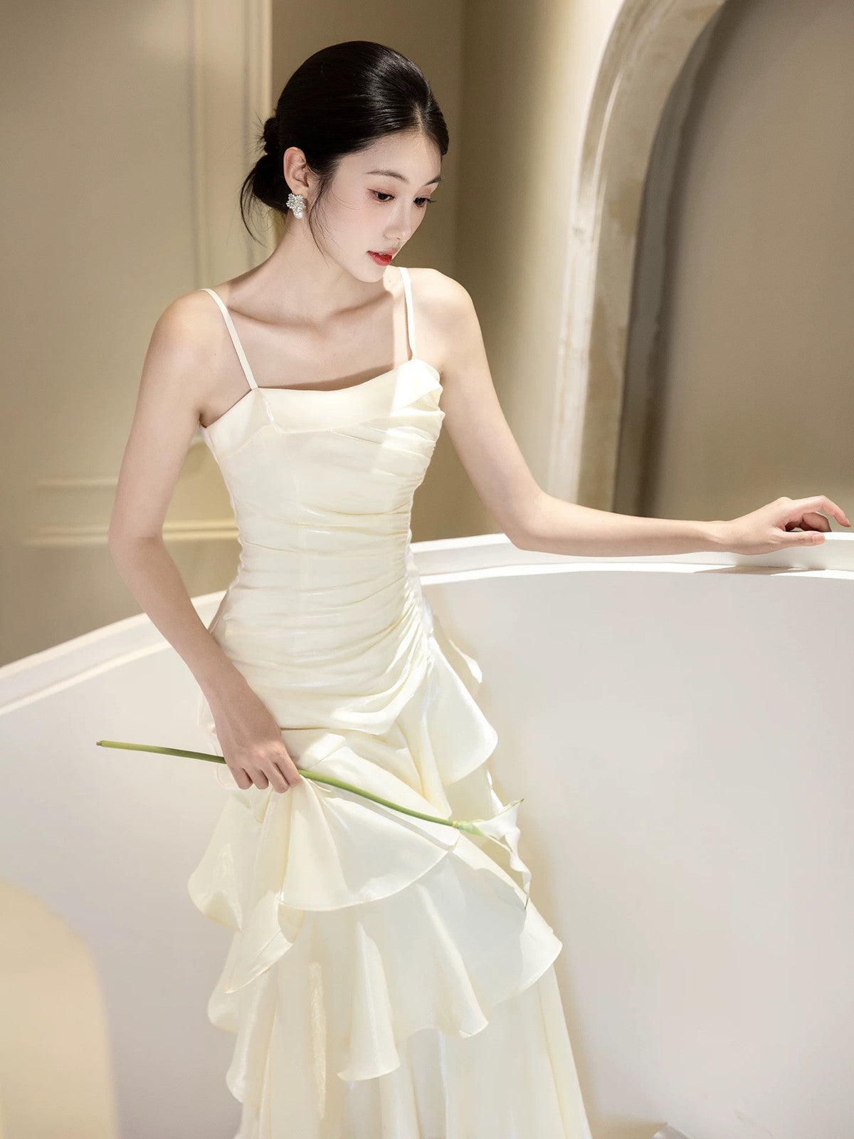 Lovely Light Champagne Satin Straps Prom Dress, A-line Scoop Layers Party Dress